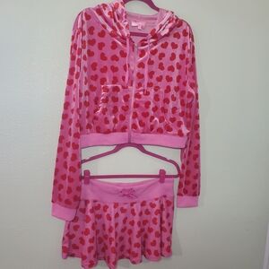 Girls Pink Heart Print Pajama Set - Hooded Zip Jacket & Skirt